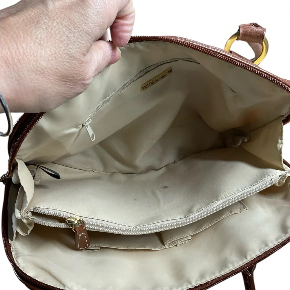 Giani Bernini Off-White Straw Top Handle Brown Leather Accent Satchel Purse Bag